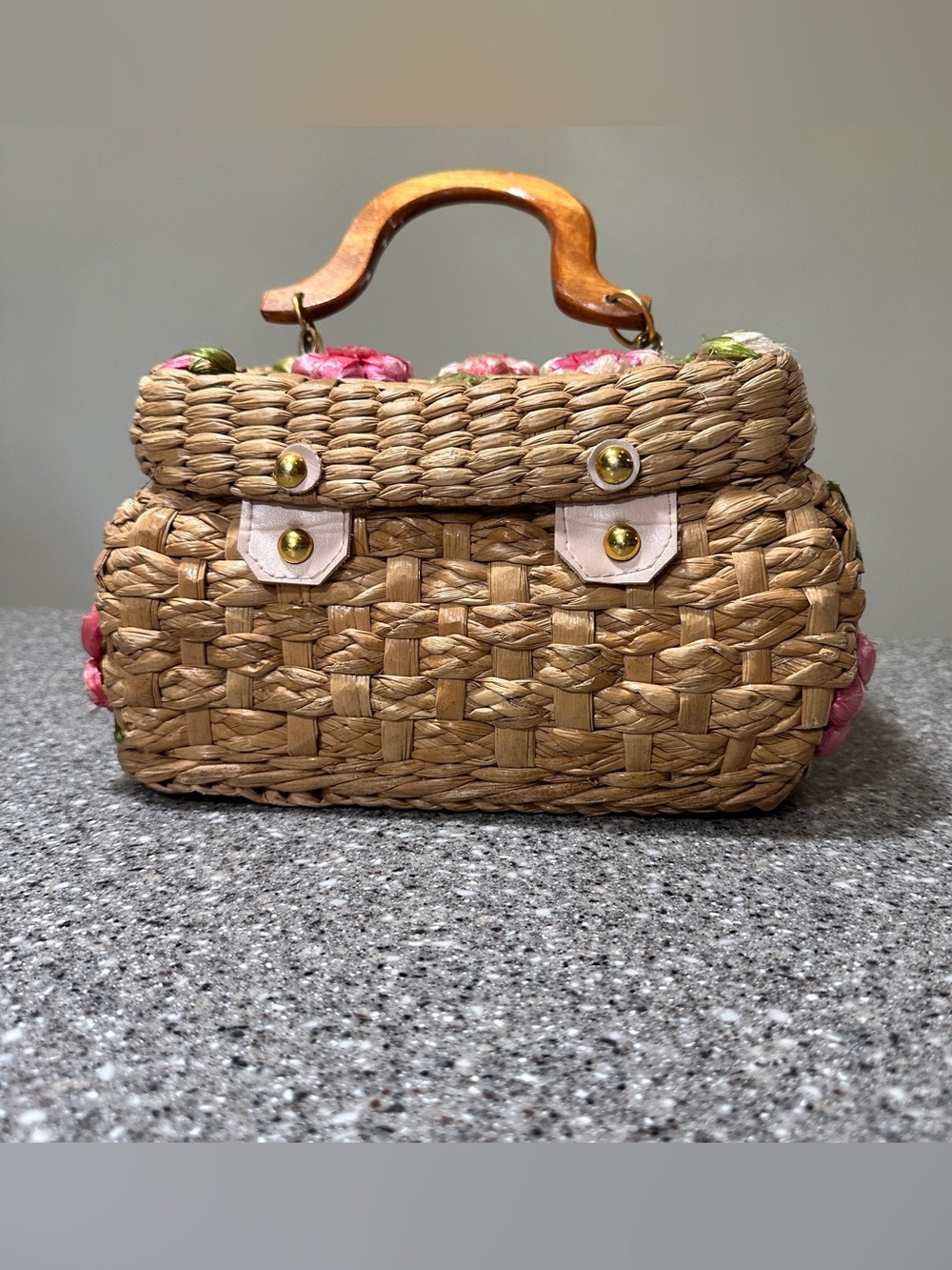Vintage Woven Straw Basket Box Purse Handbag Wood Handle Raffia Flowers 10x6” - Picture 2 of 10